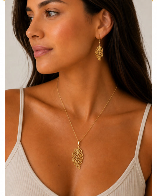 Conjunto Collar Hoja Dorada + Aros